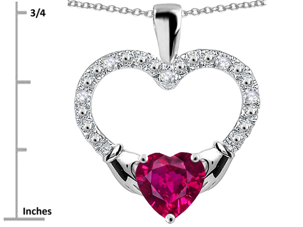 Star K Hands Holding Heart Created Ruby Claddagh Pendant Necklace