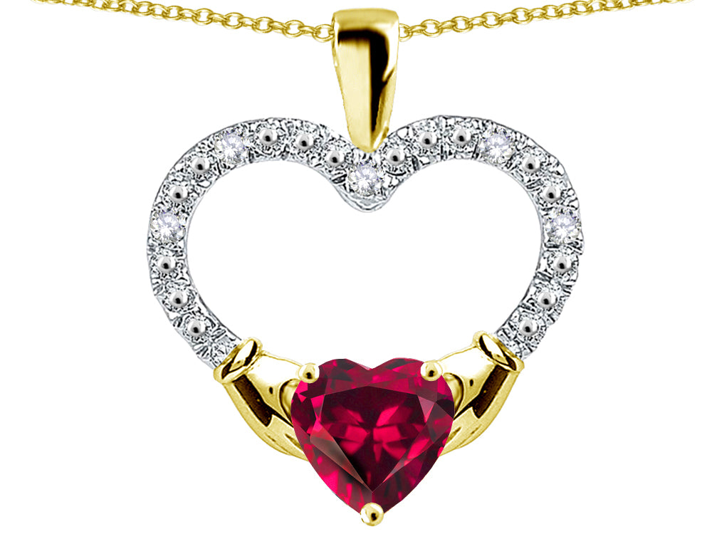 Star K Hands Holding Heart Created Ruby Claddagh Pendant Necklace