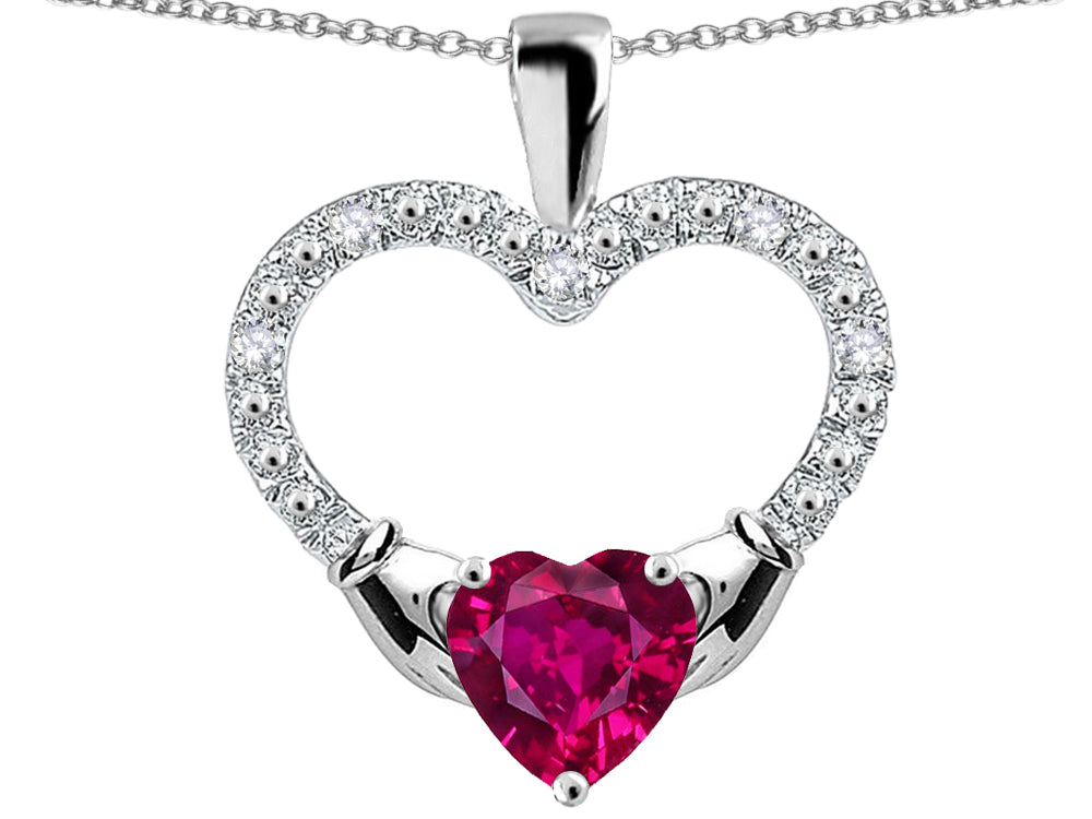 Star K Hands Holding Heart Created Ruby Claddagh Pendant Necklace