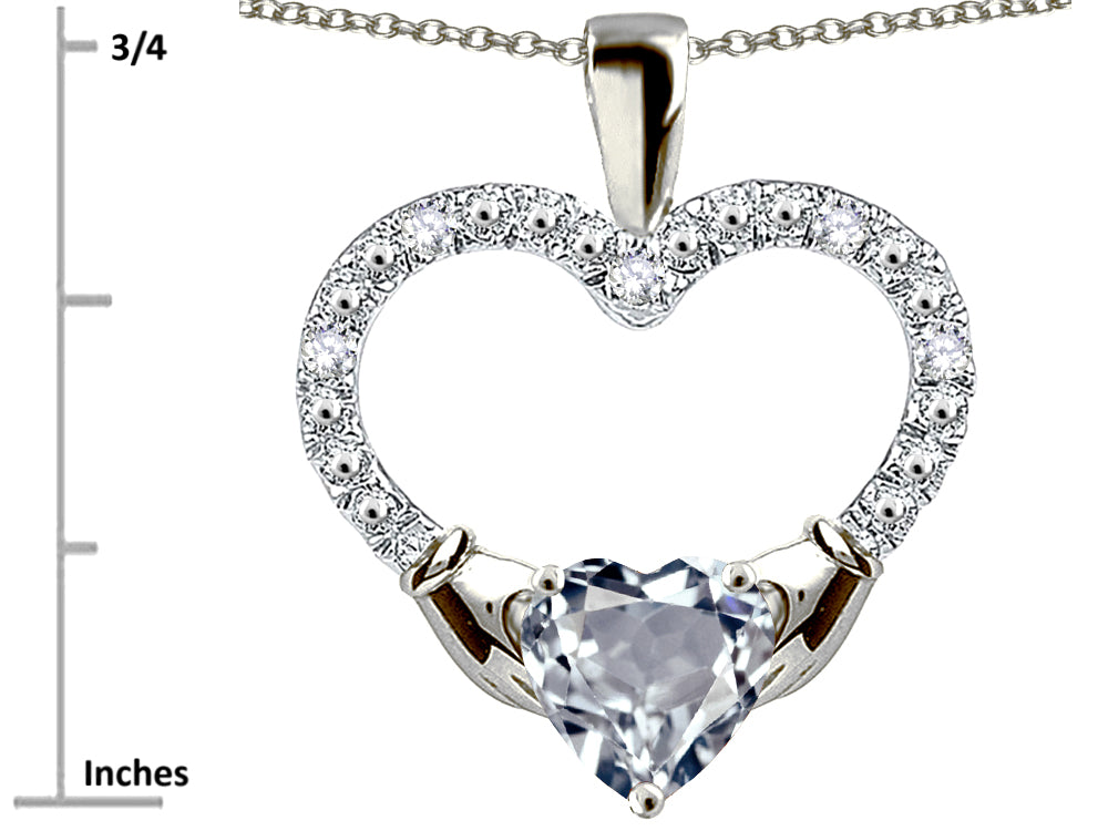 Star K Hands Holding Heart Genuine Aquamarine Claddagh Pendant Necklace