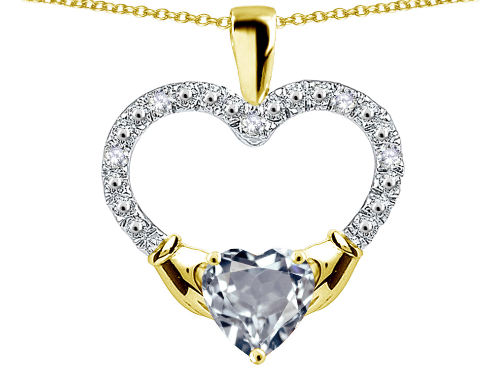 Star K Hands Holding Heart Genuine Aquamarine Claddagh Pendant Necklace