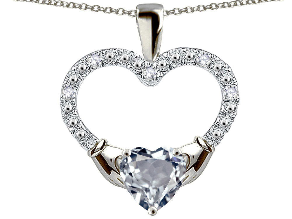 Star K Hands Holding Heart Genuine Aquamarine Claddagh Pendant Necklace