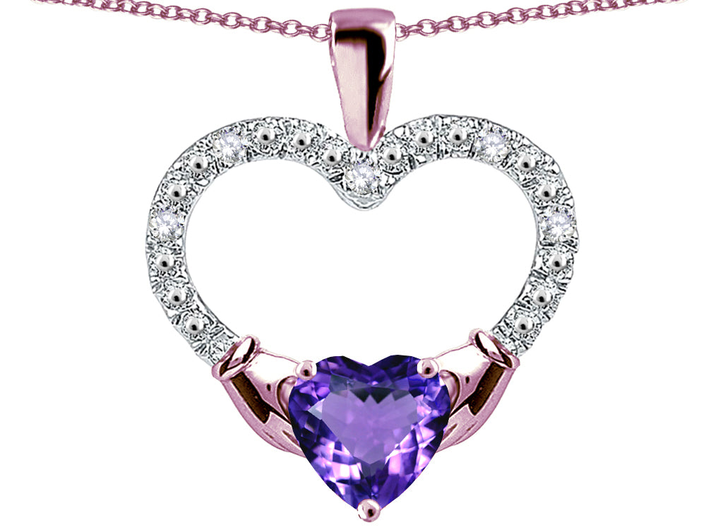 Star K Hands Holding Heart Simulated Alexandrite Claddagh Pendant Necklace