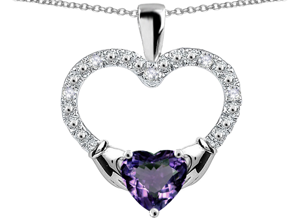 Star K Hands Holding Heart Simulated Alexandrite Claddagh Pendant Necklace