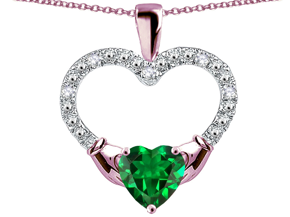 Star K Hands Holding Heart Simulated Emerald Claddagh Pendant Necklace