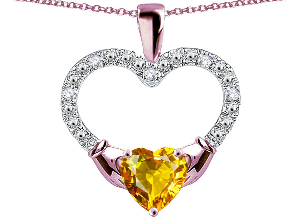 Star K Hands Holding Heart Genuine Citrine Claddagh Pendant Necklace