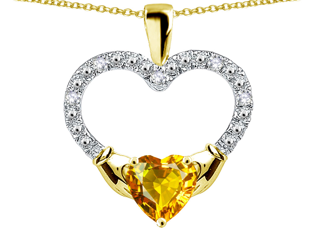 Star K Hands Holding Heart Genuine Citrine Claddagh Pendant Necklace