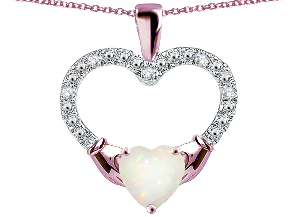 Star K Hands Holding Heart Genuine Opal Claddagh Pendant Necklace