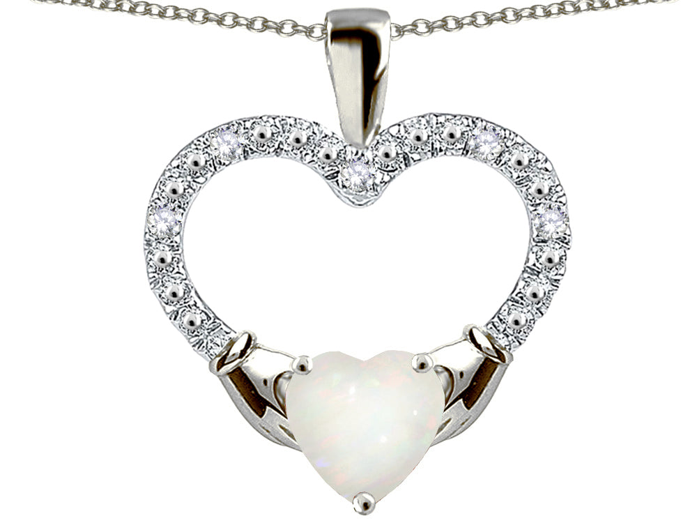 Star K Hands Holding Heart Genuine Opal Claddagh Pendant Necklace