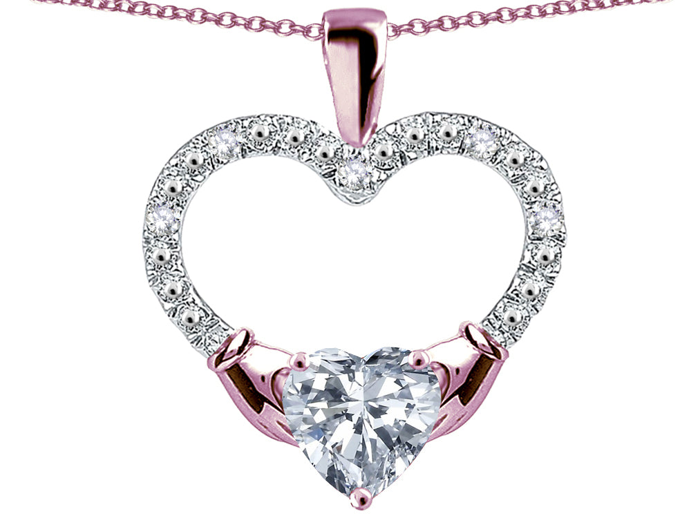 Star K Hands Holding Heart White Topaz Claddagh Pendant Necklace