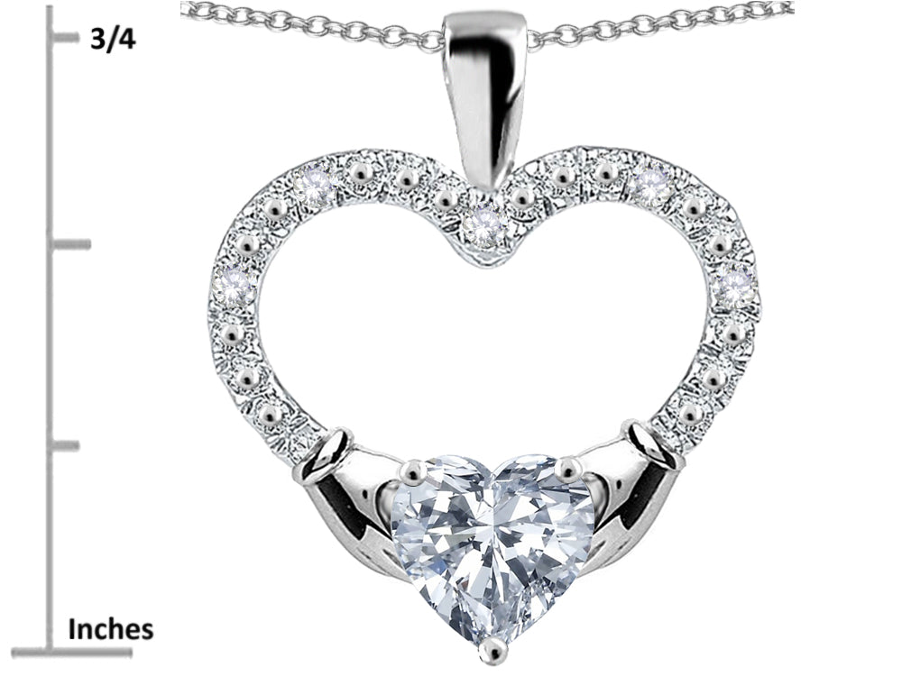 Star K Hands Holding Heart White Topaz Claddagh Pendant Necklace