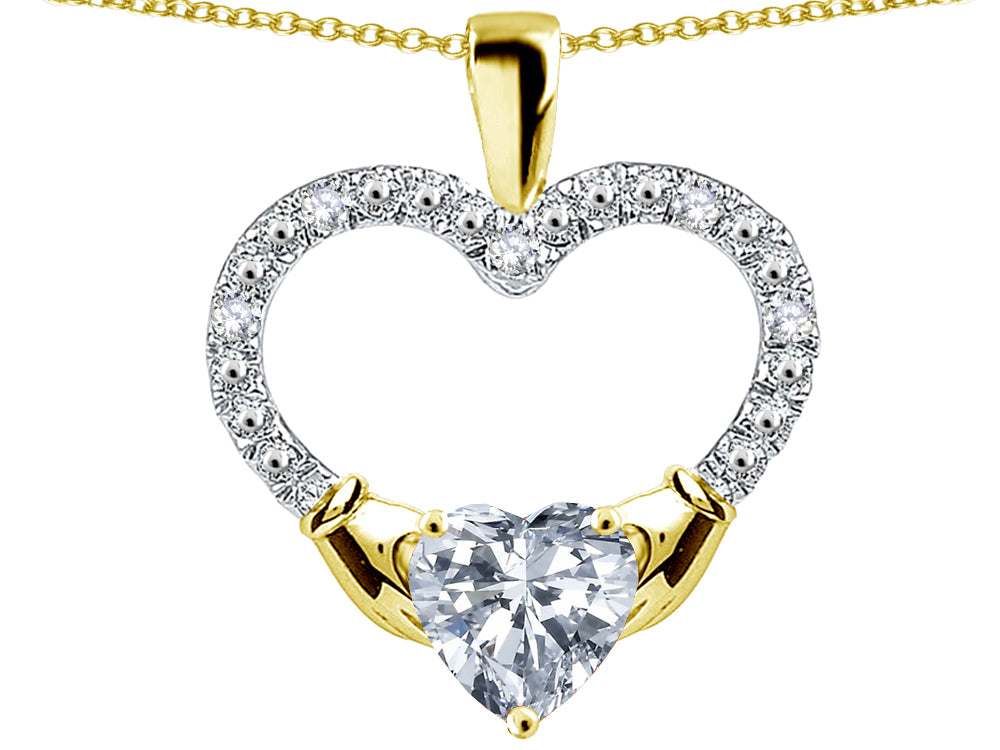 Star K Hands Holding Heart White Topaz Claddagh Pendant Necklace