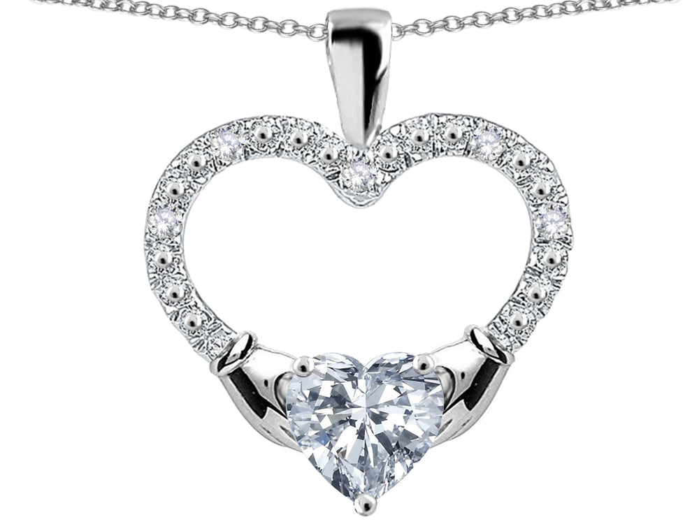 Star K Hands Holding Heart White Topaz Claddagh Pendant Necklace