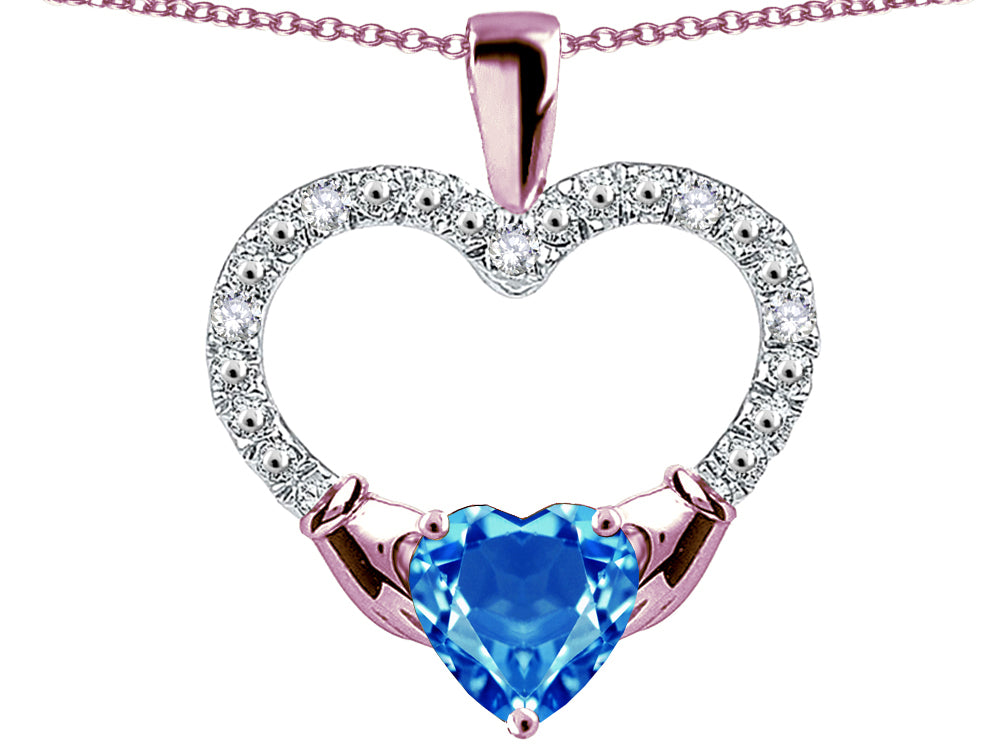 Star K Hands Holding Heart Genuine Blue Topaz Claddagh Pendant Necklace