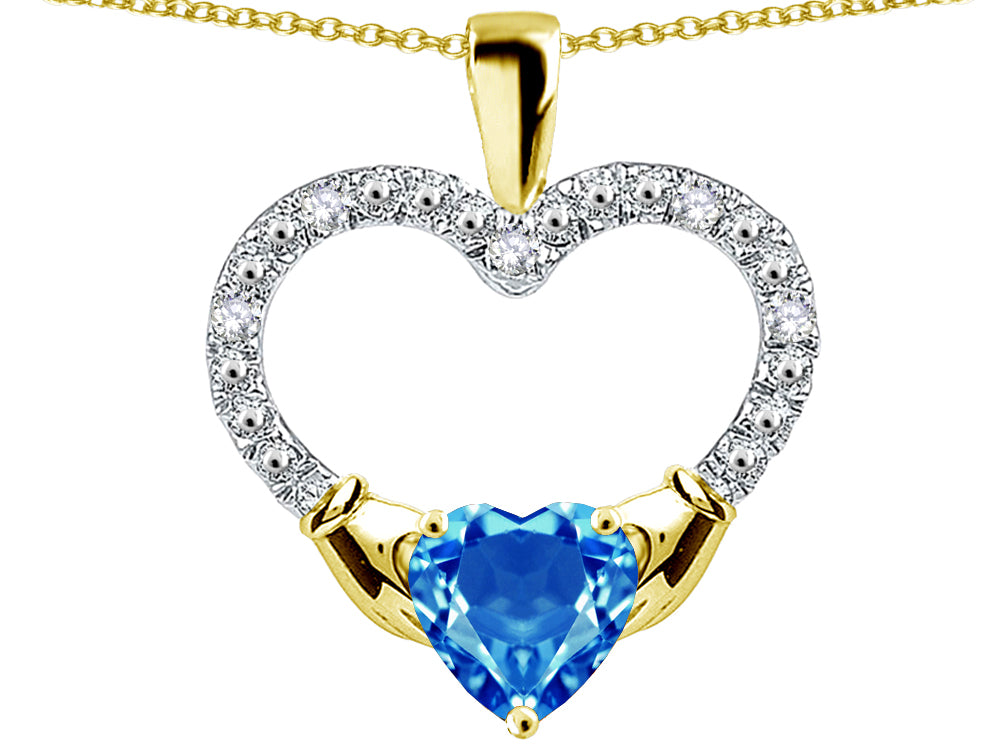 Star K Hands Holding Heart Genuine Blue Topaz Claddagh Pendant Necklace