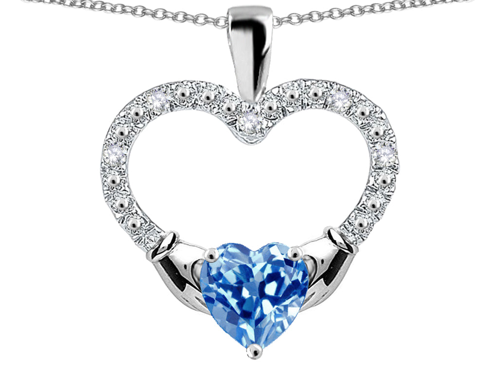 Star K Hands Holding Heart Genuine Blue Topaz Claddagh Pendant Necklace