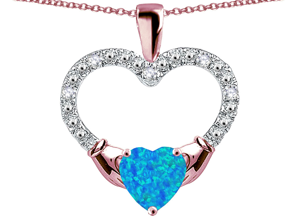 Star K Hands Holding Heart Blue Created Opal Claddagh Pendant Necklace