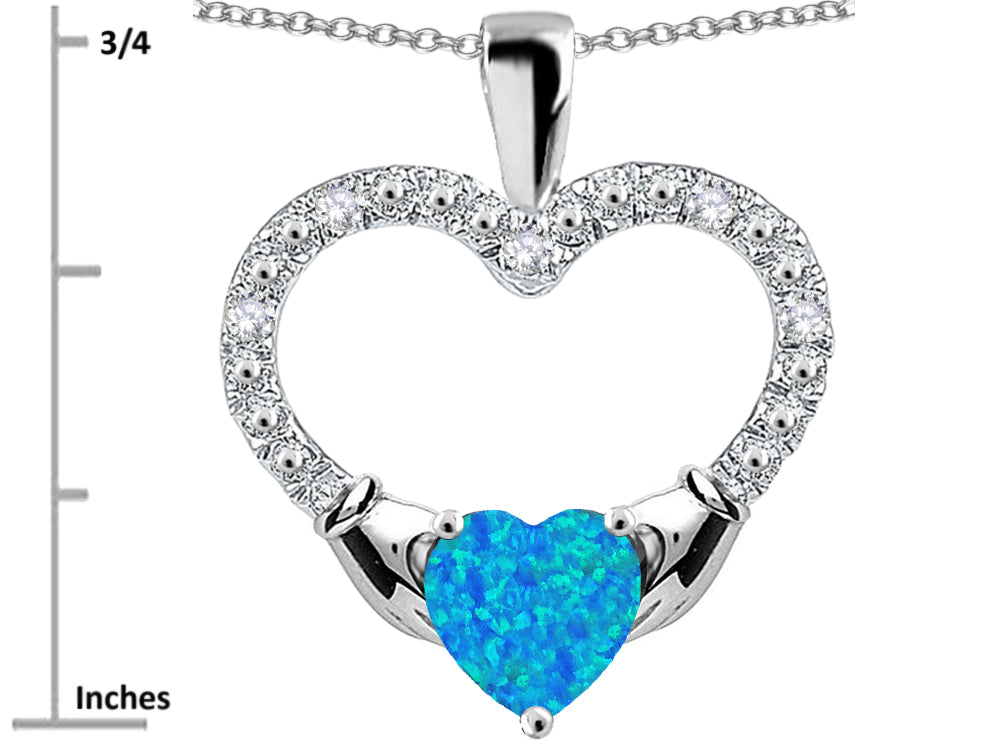 Star K Hands Holding Heart Blue Created Opal Claddagh Pendant Necklace