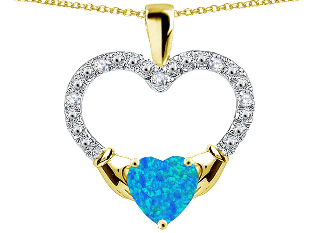 Star K Hands Holding Heart Blue Created Opal Claddagh Pendant Necklace
