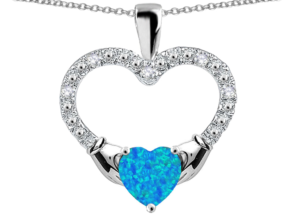 Star K Hands Holding Heart Blue Created Opal Claddagh Pendant Necklace