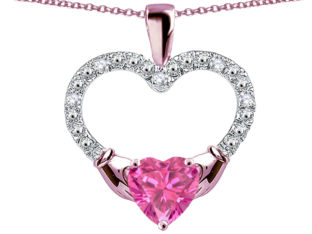 Star K Hands Holding Heart Created Pink Sapphire Claddagh Pendant Necklace
