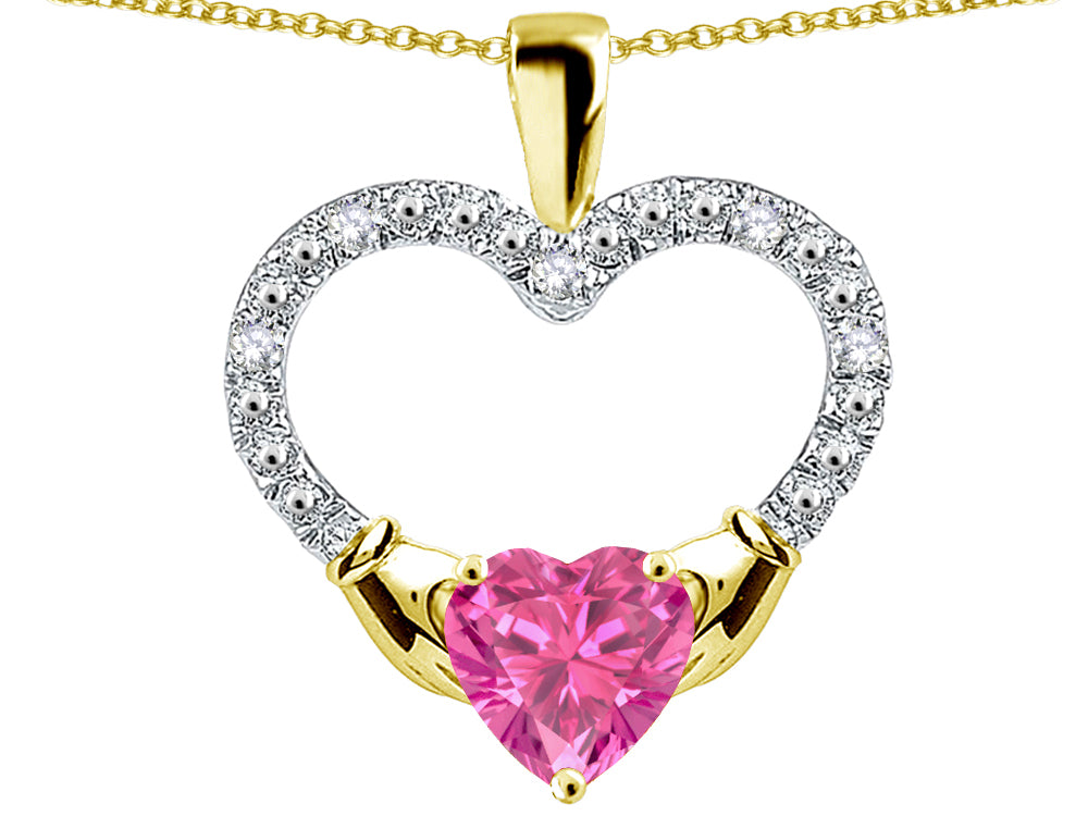 Star K Hands Holding Heart Created Pink Sapphire Claddagh Pendant Necklace