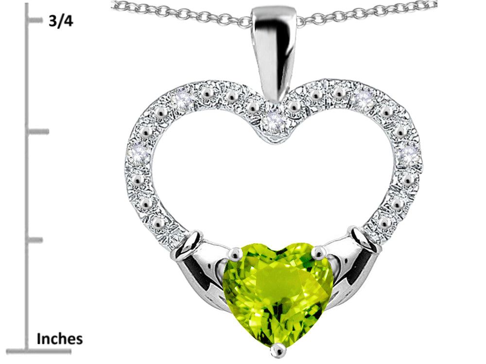 Star K Hands Holding Heart Genuine Peridot Claddagh Pendant Necklace