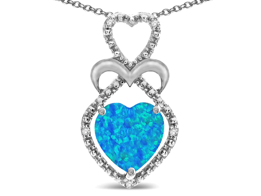 Star K Heart Shape 8mm Blue Created Opal Heart Halo Embrace Pendant Necklace