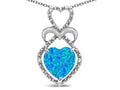 Star K Heart Shape 8mm Blue Created Opal Heart Halo Embrace Pendant Necklace