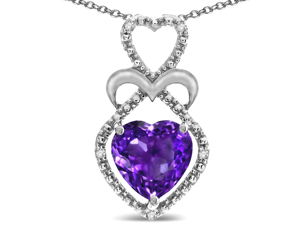 Star K 10k Gold Heart Shape 8mm Amethyst Double Heart Halo Embrace Pendant Necklace