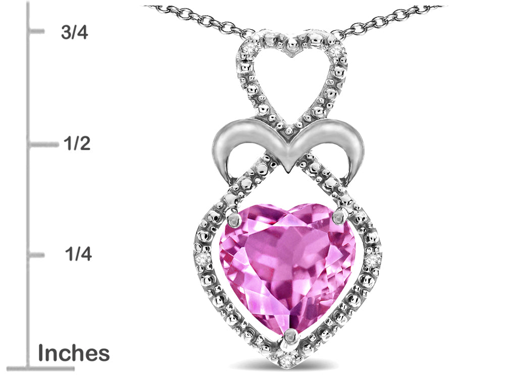 Star K 10k Gold Heart Shape 8mm Created Pink Sapphire Heart Halo Embrace Pendant Necklace