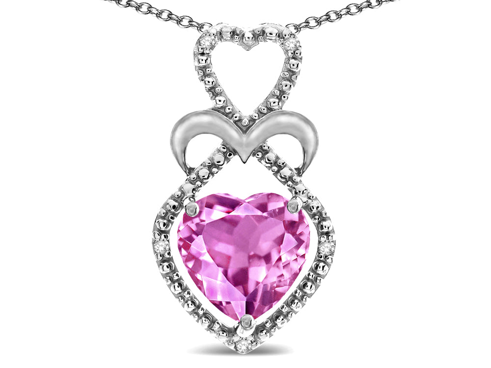 Star K 10k Gold Heart Shape 8mm Created Pink Sapphire Heart Halo Embrace Pendant Necklace