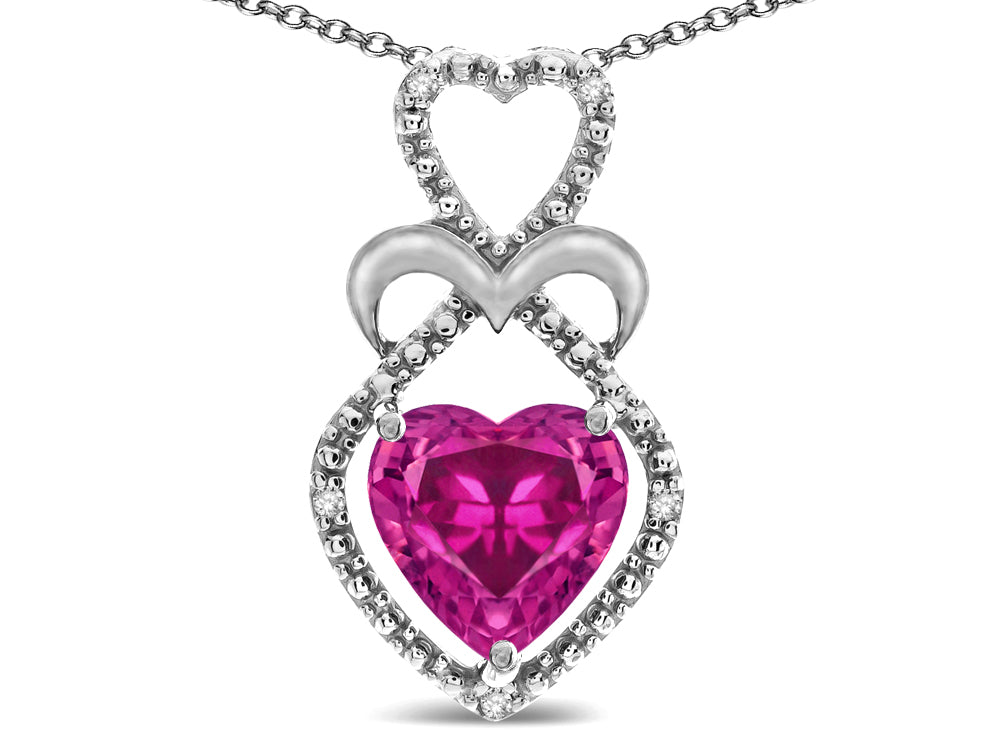 Star K 10k Gold Heart Shape 8mm Simulated Pink Tourmaline Heart Halo Embrace Pendant Necklace