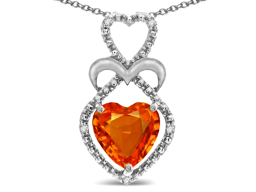 Star K 10k Gold Heart Shape 8mm Simulated Orange Mexican Fire Opal Heart Halo Embrace Pendant Necklace