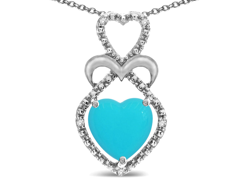 Star K 10k Gold Heart Shape 8mm Simulated Turquoise Heart Halo Embrace Pendant Necklace