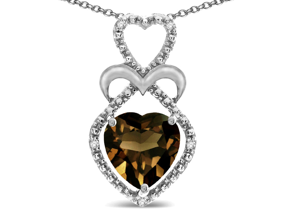 Star K 10k Gold Heart Shape 8mm Genuine Smoky Quartz Heart Halo Embrace Pendant Necklace