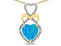 Star K Heart Shape 8mm Blue Created Opal Heart Halo Embrace Pendant Necklace 14k Gold Rhodium Finish