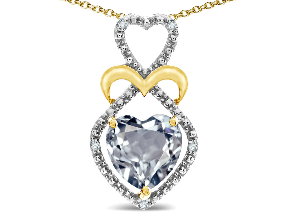Star K Heart Shape 8mm Genuine Aquamarine Heart Halo Embrace Pendant Necklace 10k Yellow Gold Rhodium