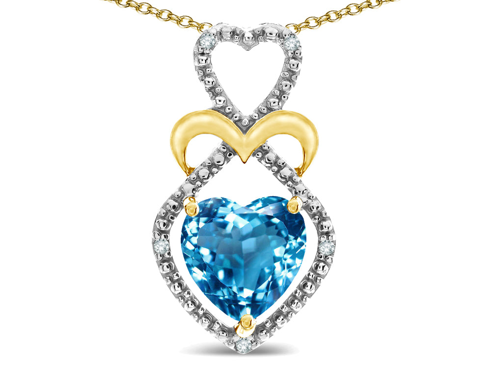 Star K Heart Shape 8mm Genuine Blue Topaz Heart Halo Embrace Pendant Necklace 10k Yellow Gold Rhodium