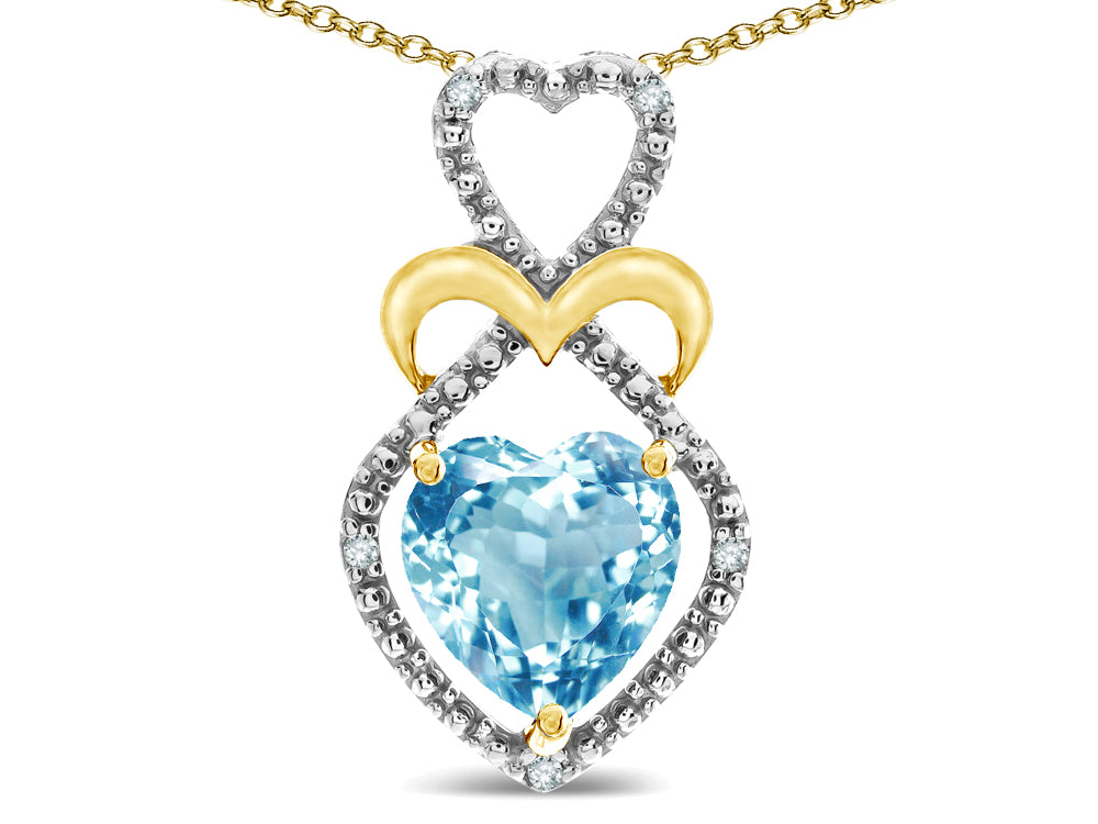 Star K Heart Shape 8mm Genuine Sky Blue Topaz Heart Halo Embrace Pendant Necklace 10k Yellow Gold Rhodium