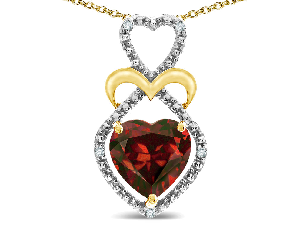 Star K Heart Shape 8mm Genuine Garnet Heart Halo Embrace Pendant Necklace 10k Yellow Gold Rhodium Finish