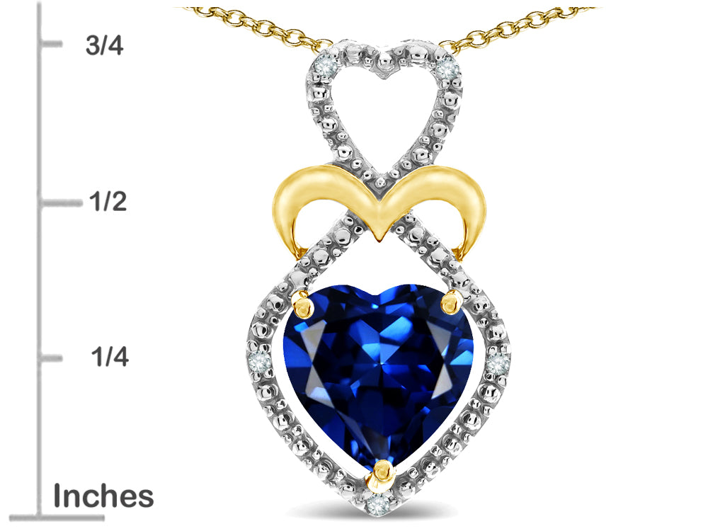 Star K Heart Shape 8mm Created Sapphire Heart Halo Embrace Pendant Necklace 10k Yellow Gold Rhodium