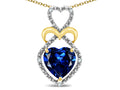 Star K Heart Shape 8mm Created Sapphire Heart Halo Embrace Pendant Necklace 10k Yellow Gold Rhodium