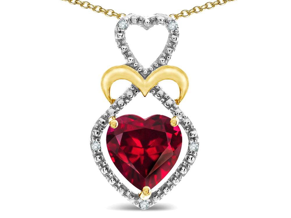 Star K Heart Shape 8mm Created Ruby Heart Halo Embrace Pendant Necklace 10k Yellow Gold Rhodium Finish