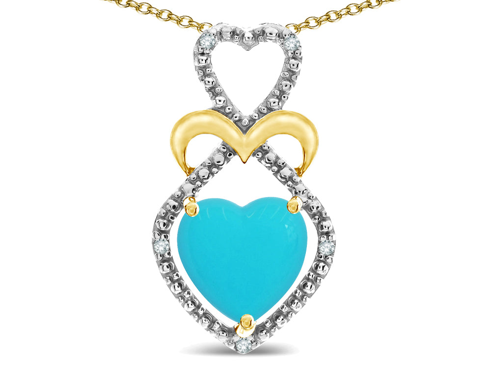 Star K Heart Shape 8mm Simulated Turquoise Heart Halo Embrace Pendant Necklace 10k Yellow Gold with Rhodium Finish