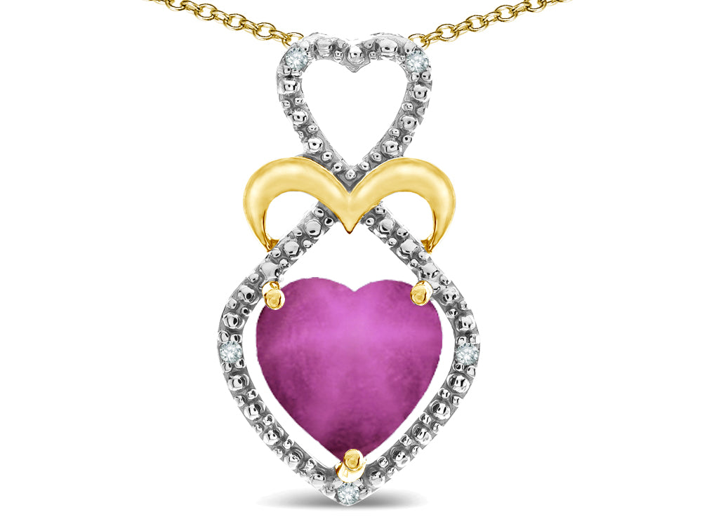 Star K Heart Shape 8mm Created Star Ruby Heart Halo Embrace Pendant Necklace 10k Yellow Gold with Rhodium Finish