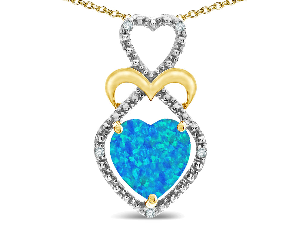 Star K Heart Shape 8mm Blue Created Opal Heart Halo Embrace Pendant Necklace 10k Yellow Gold with Rhodium Finish