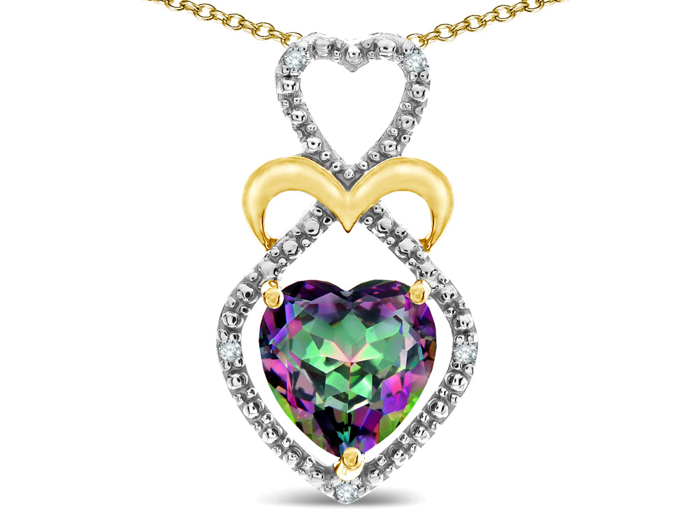 Star K Heart Shape 8mm Rainbow Mystic Topaz Heart Halo Embrace Pendant Necklace 10k Yellow Gold with Rhodium Finish