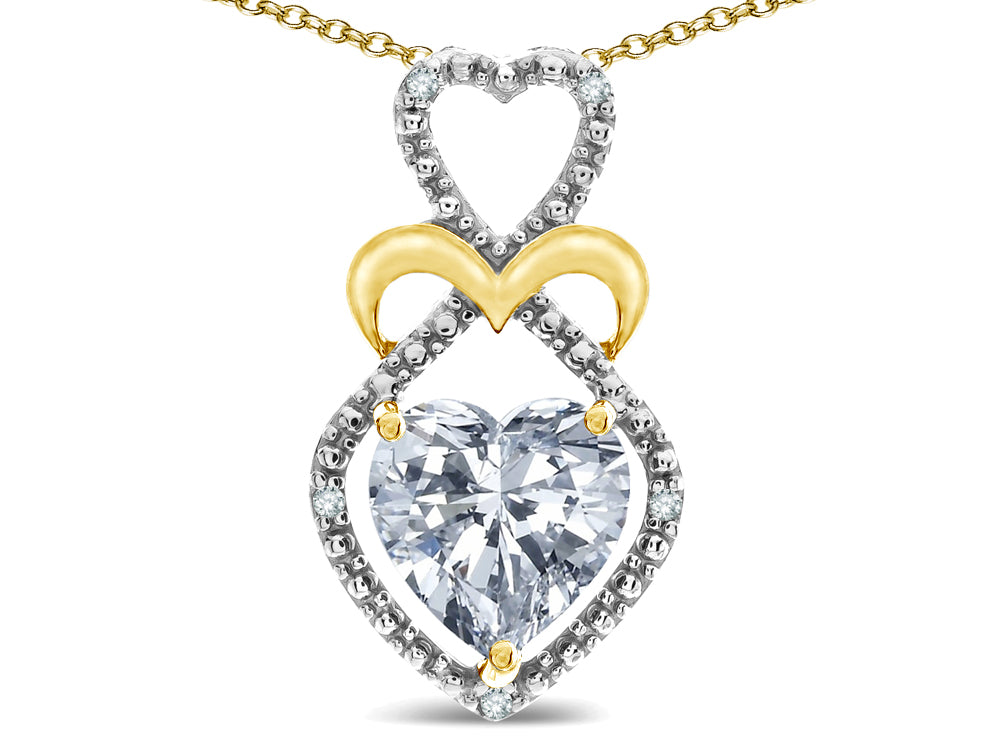 Star K Heart Shape 8mm Genuine White Topaz Heart Halo Embrace Pendant Necklace 10k Yellow Gold with Rhodium Finish