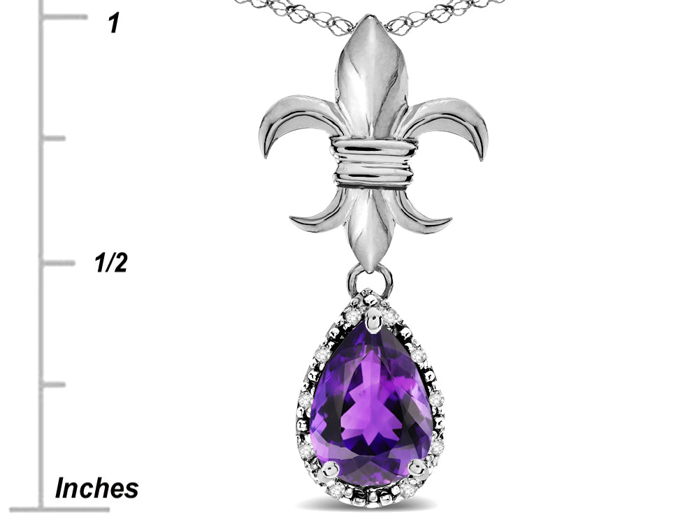 Star K  Pear Shape 8x6mm Genuine Amethyst Fleur De Lis Pendant Necklace 14k White Gold
